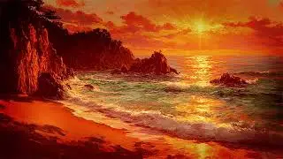 10 Hour Peaceful Ocean Waves for Deep Sleep 🌊 Orange Sunset Painting | Blue Light Block