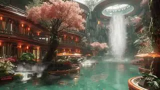 Futuristic Palace from Tau Ceti E w Waterfall. Sci-Fi Ambiance for Sleep, Study, Relaxation