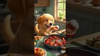 Cute Puppy's Seafood Feast: From Catching Crawfish to Dinner with a Duck! (Animated Short)