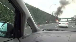 Big Fire!  Toyota Noah on fire Highway Tokyo Japan
