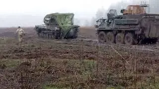 Ukraine - XX.02.2025. A Ukrainian BMP-2 IFV Towing An American M1126 Stryker ICV.