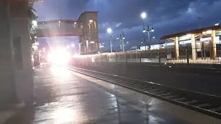 Metrolink Train Arriving at San Bernardino Santa Fe Depot on a Rainy Day