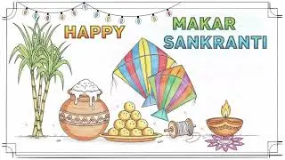 Easy Makar Sankranti Poster Drawing for Kids | Kite & Til Ladoo Art Tutorial #makarsankranti