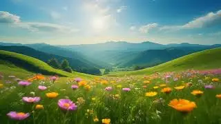Cinematic video of a beautiful mountain atmosphere with green grass and colorful flowers