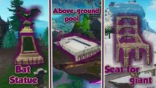 Dance in front of a Bat statue,  in  a way-above-ground pool, and a seat for giant Fortnite