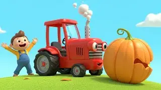 Детский трактор толкает гигантскую тыкву
