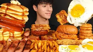 ASMR MUKBANG PANCAKES & FRENCH TOAST & CHICKEN BURGER & FRENCH FRIES & SAUSAGES & EGGS