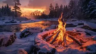 You&rsquo;re Sitting by a Campfire at Winter Sunset ❄️🔥 Crackling Fire & Flowing River Ambience
