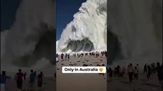 People running towards huge waves