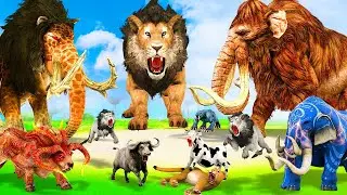 10 Giant Mammoth Elephant Cow Vs Giant Dinosaur 5 Giant Lion Tiger Cow Cub Saved By Wolly Mammoth