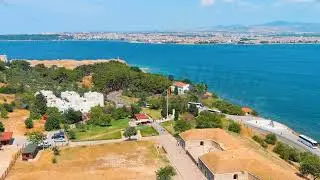 Dolly zoom. Kilitbahir, Turkey. Aerial drone flyover of the historic Mecidiye Bastion, a 19th-cen...