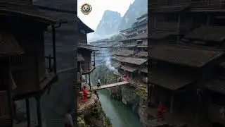 🌉🏯 Ancient Cliffside Village! Thrilling Wooden Bridge Over the River ⛰✨ #youtubeshorts #shorts