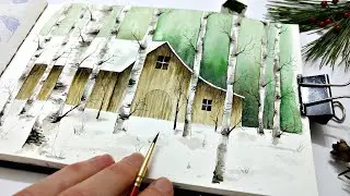 slow living with painting » How to paint birch trees in watercolor cabin in the woods (winter cabin)