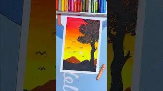 🌅 Easy Sunset Scenery Drawing | Oil Pastel Art