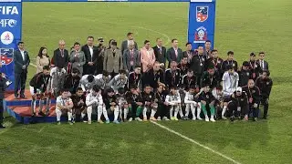 Laos receiving the runners up medal of Prime Minister Three Nations Cup in Dasharatha Stadium