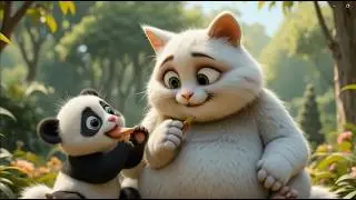 AI Cartoon Cat Meets Baby Panda for the First Time in a Garden