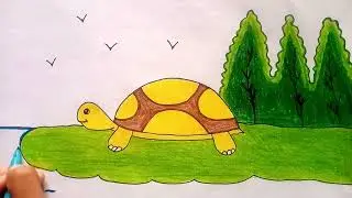 Draw Tortoise scenery drawing | Step by step drawing | Tutorial for beginners | Kachua drawing