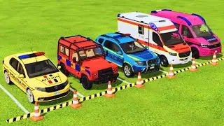 TRANSPORTING POLICE CARS, DACIA, JEEP, AMBULANCE, EMERGENCY COLORFUL CARS WITH TRUCK FS22