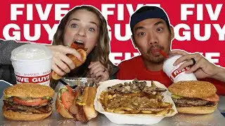 TRYING FIVE GUYS FOR THE FIRST TIME - DBL CHEESE BURGER, BACON HAMBURGER, BACONDOG & POUTINE MUKBANG