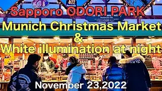 Sapporo ODORI PARK.Munich Christmas Market & White illumination at night.November 23,2022 .Hokkaido