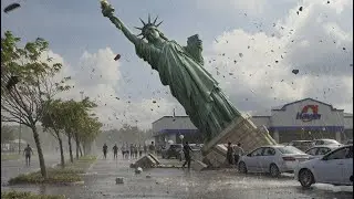 🌪️🗽Шокирующие кадры: статуя Свободы в Гайбе, Бразилия, падает во время сильного шторма.