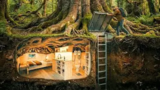 Building a House in the Forest ASMR - A Guy Digs a Secret Underground Bunker Under a Massive Ancient