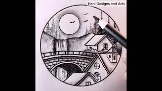 Awesome circle scenery drawing | Waterfall and bridge scenery drawing