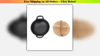 Cast Iron Wok Wooden Lid Flat Base 2 Loop Handle Even Heat  Multifunctional Stir Fry Pan for