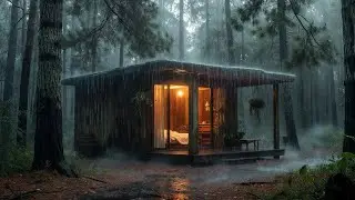 Heavy Rain Crashing Over the Midnight Wilderness Beyond a Shelter