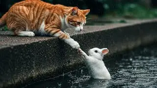 Poor Rabbit Was Drowning in the Rain Until a Mother Cat Jumped in to Save Him 💔