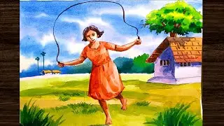 Skipping girl drawing step by step/Village girl drawing with watercolour
