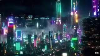 Aerial Sound Music Ambience. Cyberpunk Future City