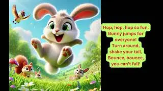 Bunny hop, hop, here we go! Wiggle your nose, jump fast, slow! Floppy ears go up, down, Hop so high,
