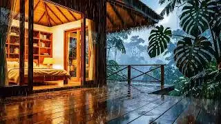 Heavy Tropical Rain 🌧️ Cozy Jungle Glass House Ambience | Sleep, Relax, Study