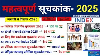 महत्वपूर्ण सूचकांक 2025। Important index 2025 । Index 2025 current affairs । January to December 