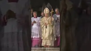 Benedict XVI with papal fanon and papal ferula, wearing gothic chasuble and mitre