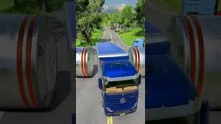 Mix Color City Buses & Log Trailer & Flatbed Trucks vs Big Bollards - BeamNG Drive | WeCrashGames