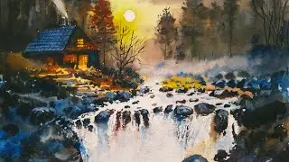 House and waterfall watercolor painting 