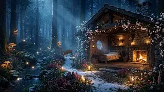 Magical Forest Cabin at Night 🌲✨ Cozy Fireplace & Fairy Lights | Relaxing Fantasy Ambience