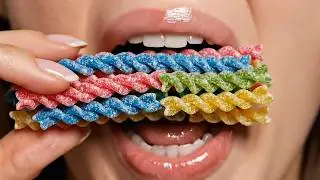 ASMR: Eating GIANT Rainbow Candy PASTA! 🍝🌈 (Extreme Crunch!)