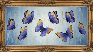 Frame TV Art: Blue & Gold Butterflies on Textured Canvas | 4K Ambient Art