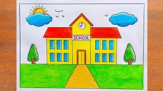 School Scenery Drawing / How to Draw a School Easy Step by Step / My School Drawing 