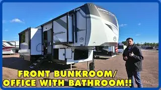 HUGE Front Bunkroom Office with Bathroom! 2026 Forest River Sandpiper 3710HBFB
