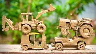 Muddy Toys Cartoon Auto Rickshaw Mini Tractor Toy Cartoon Jcb Water Cleaning Video | Toys Cartoon 