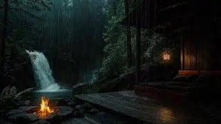 Sleeping by a Tropical Waterfall in the Rain ⛈️ Cozy Fireplace Ambience for Relaxation