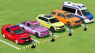 TRANSPORTING POLICE CARS AMBULANCE, DACIA, SKODA, MERCEDES BENZ, CHEVROLET WITH TRANSPORTER TRUCKS!