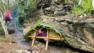 Wild Survival, Camping Alone at the Foot of a Big Cliff