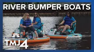Playing bumper boats on a river