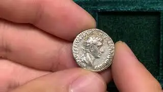 Ancient Roman silver denarius coin of emperor Augustus