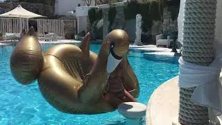 Jenny riding a golden swan float in Mykynos Greece